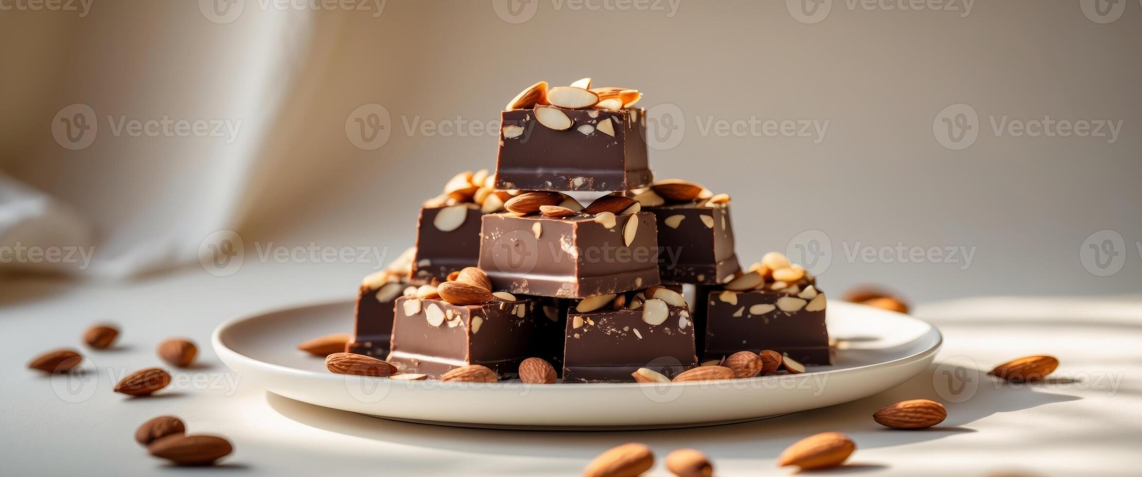 Delicious dark chocolate squares with almonds on white plate photo