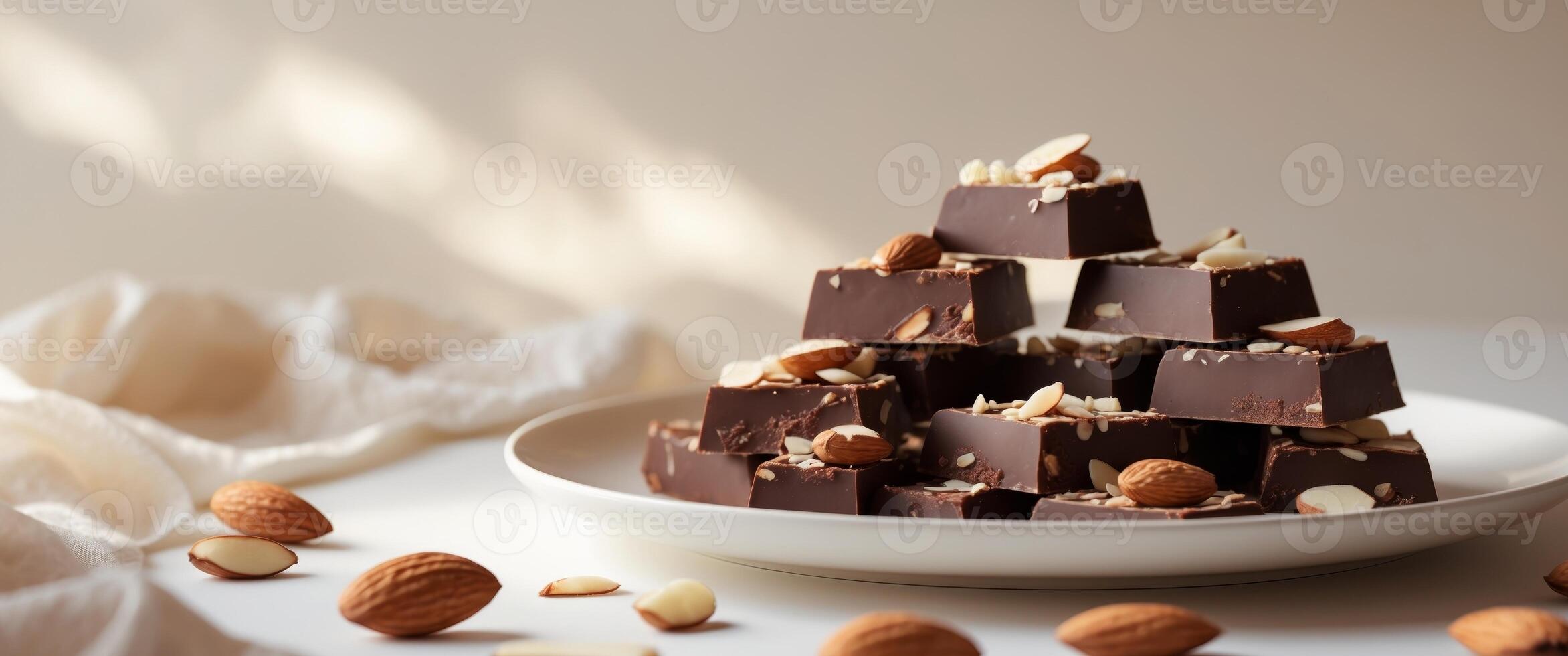 Delicious dark chocolate squares with almonds on white plate. photo