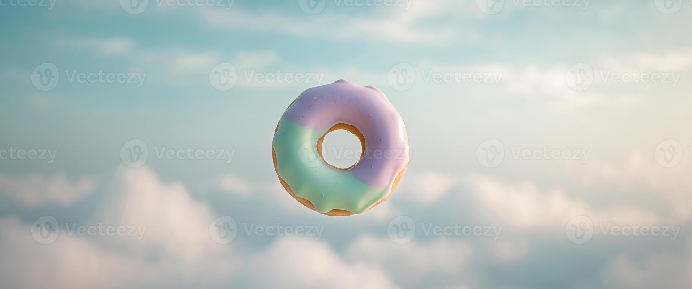 Levitating Pastel Donut Floating in Dreamlike Sky Backdrop photo