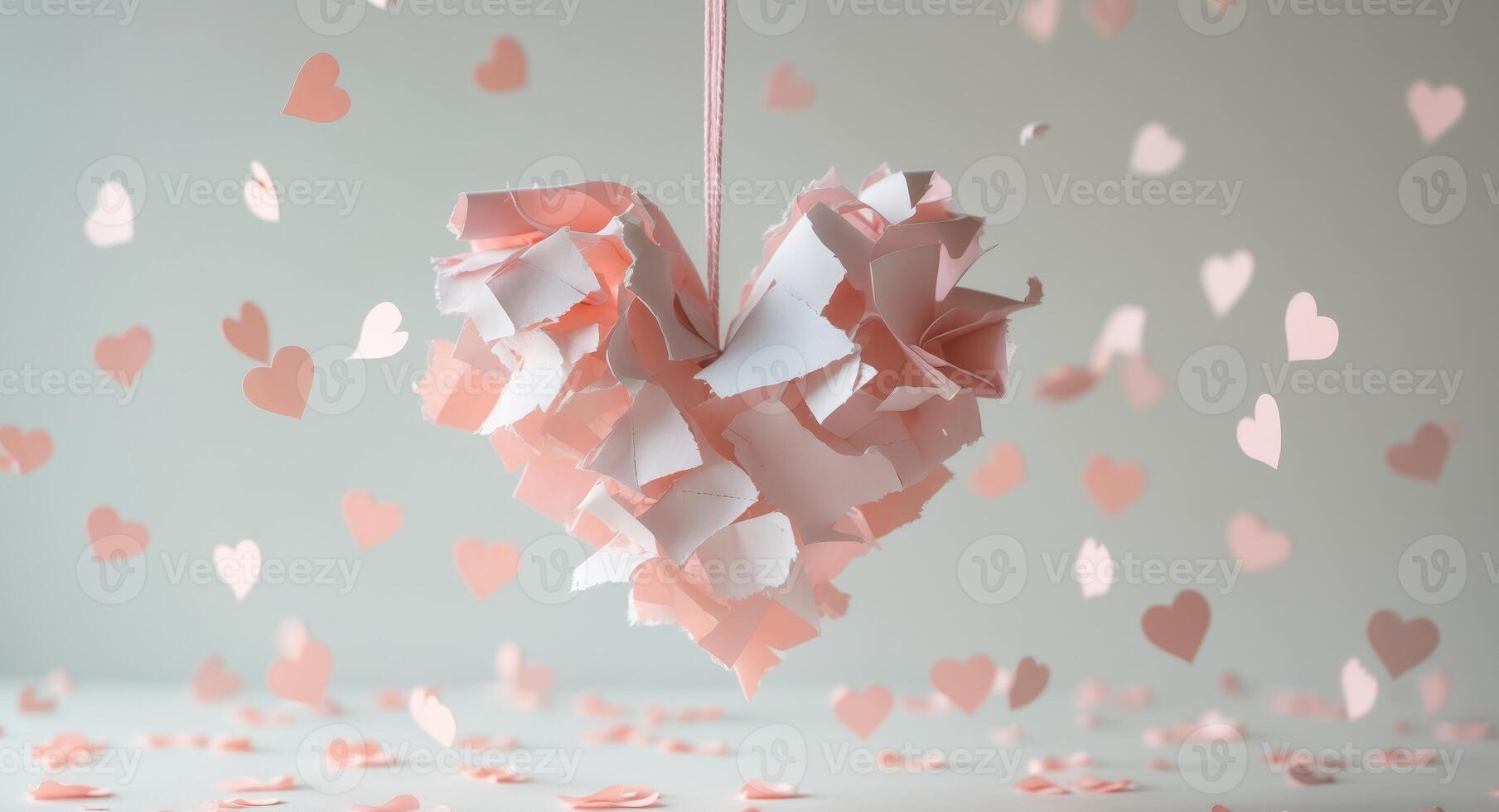 Happy Valentine's Day Heart Made of Torn Paper Surrounded by Floating Hearts on a Soft Background photo