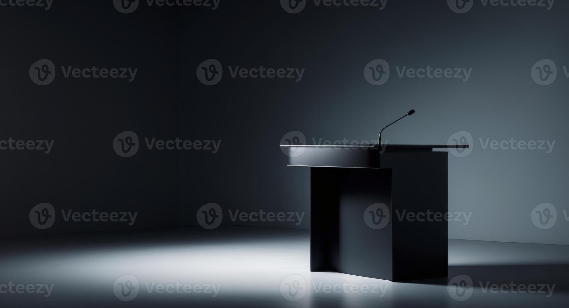 Black podium spotlighted on dark background for banner photo