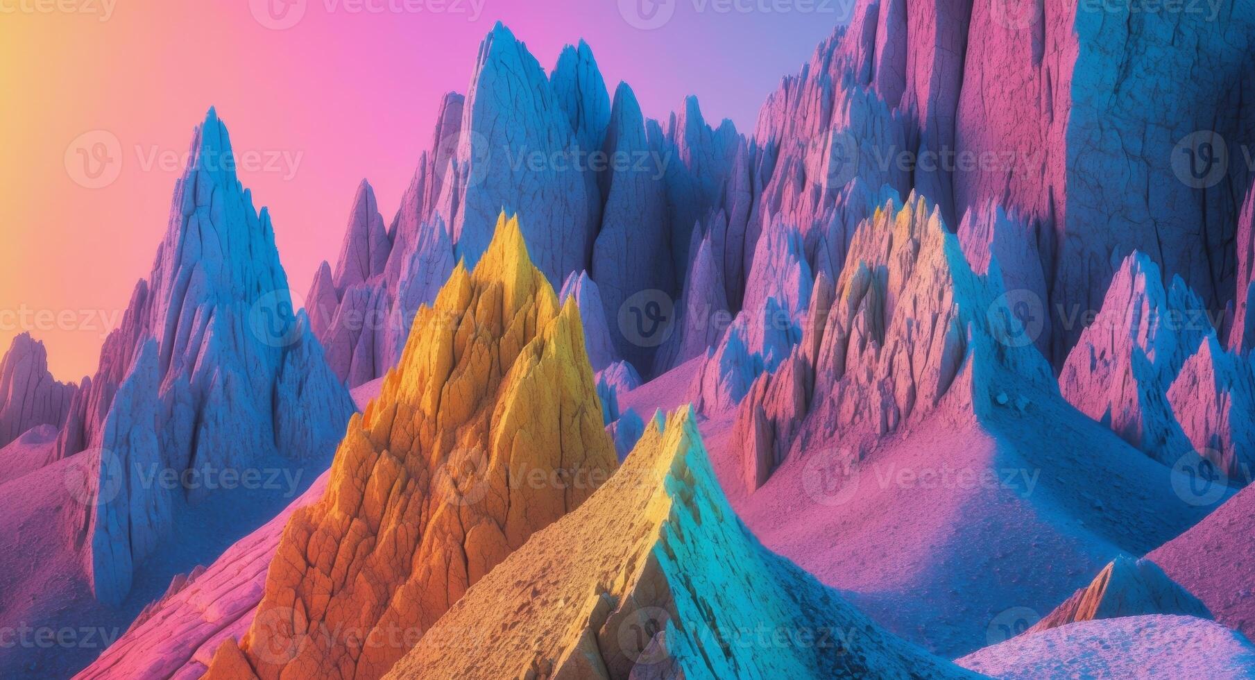 Abstract rocky formations with sharp peaks and textured surfaces in a colorful landscape. photo