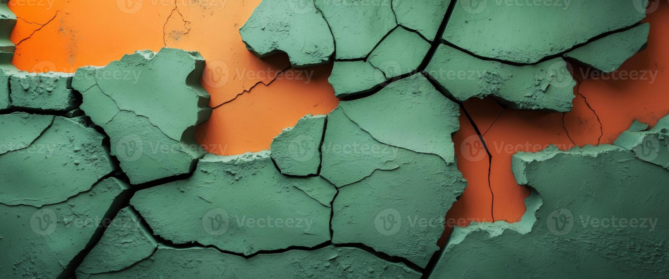 Green cement wall texture with bright orange background and cracks highlights modern design photo