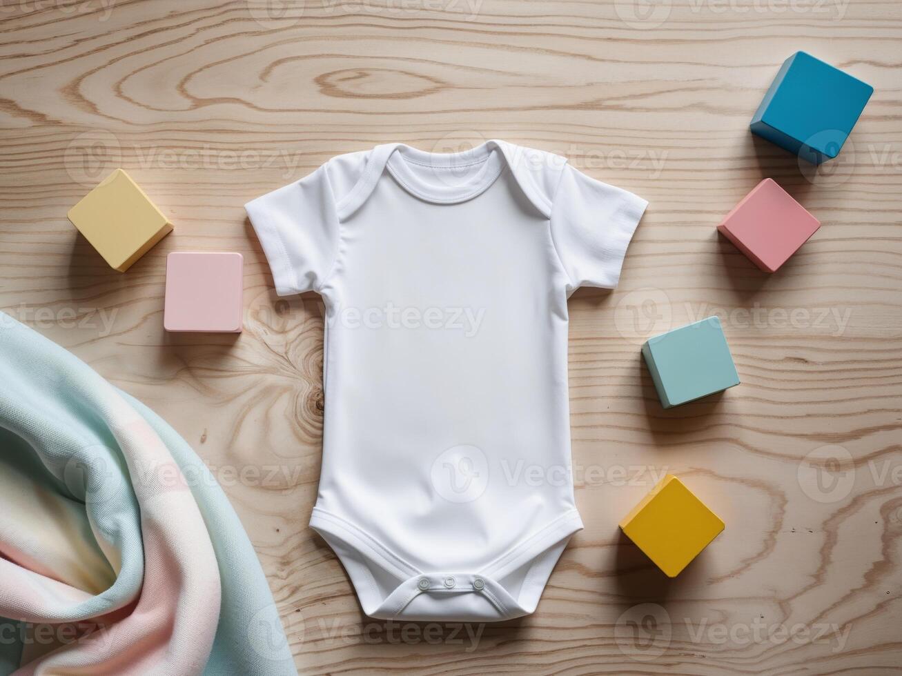 A baby's onesie and colorful blocks on a wooden table photo
