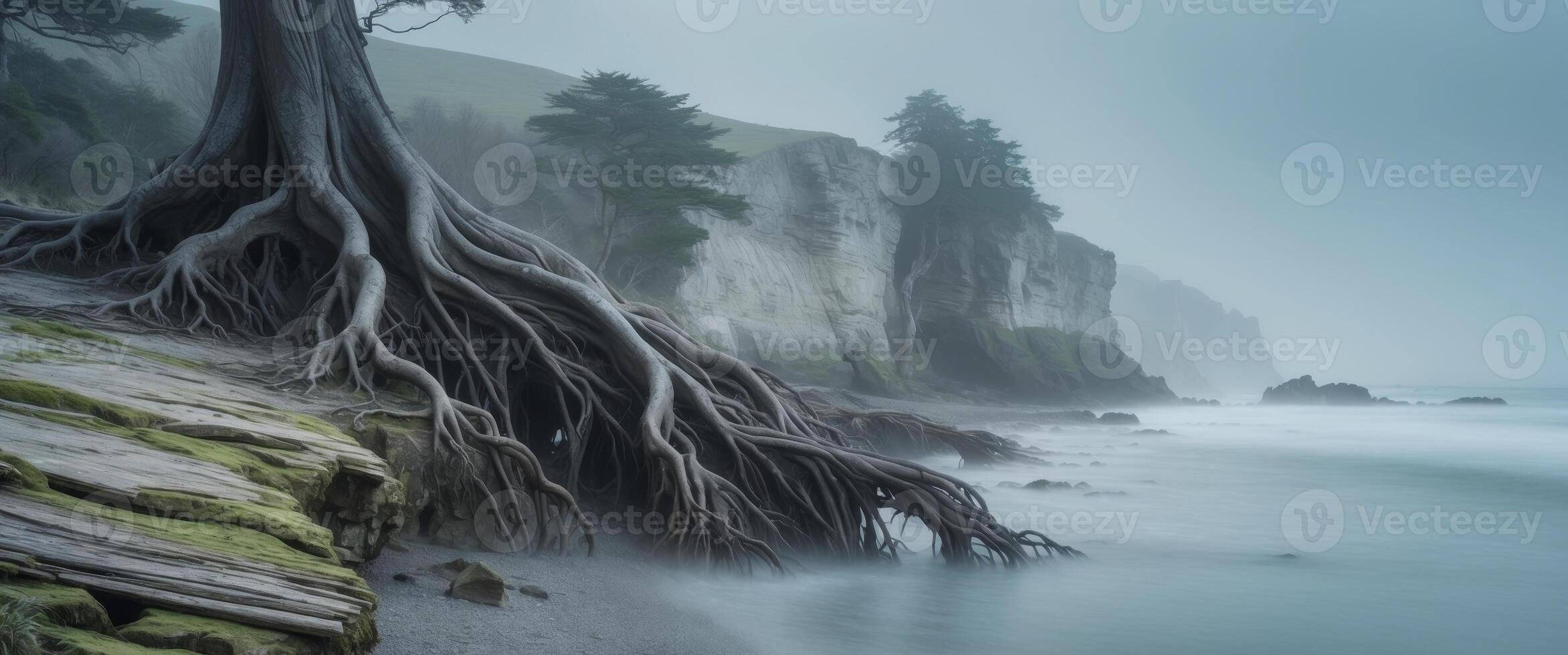 A tree with roots on the beach by the ocean photo