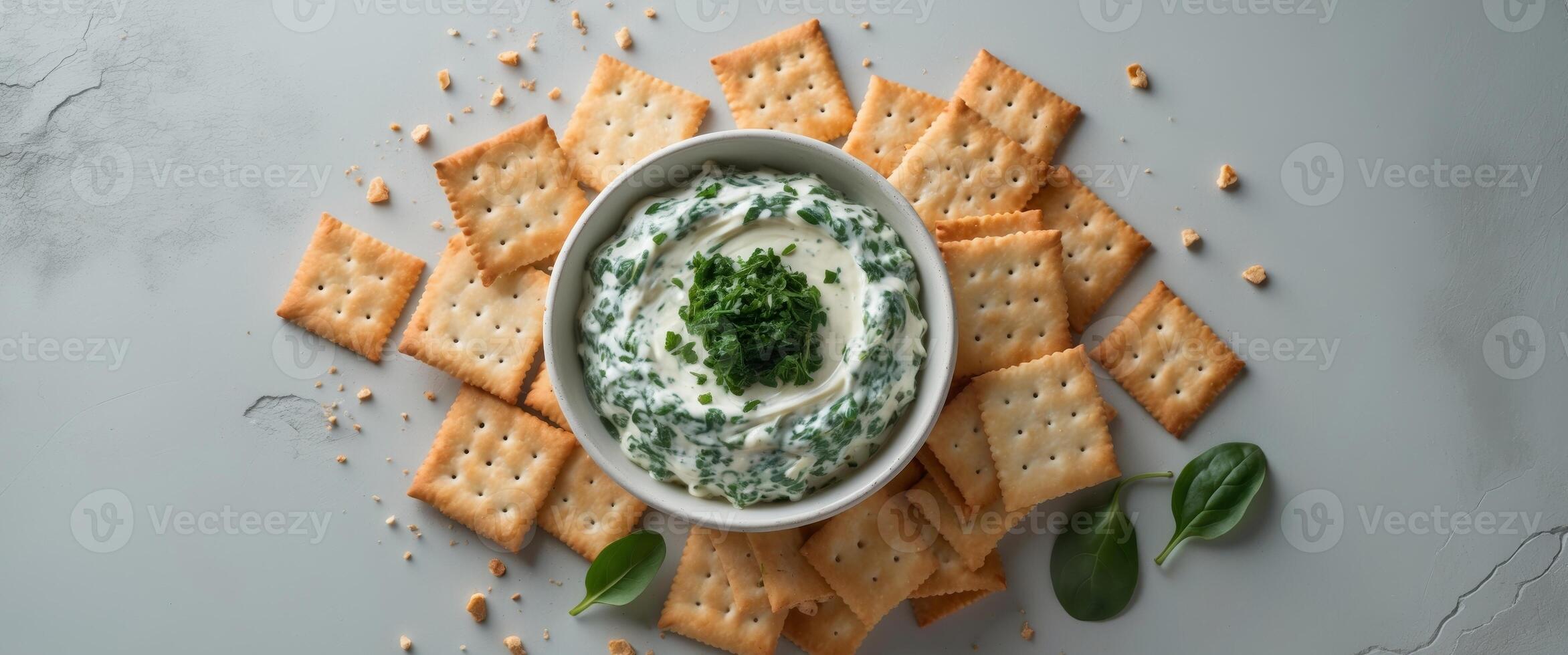 Spinach dip with crackers on a white background photo