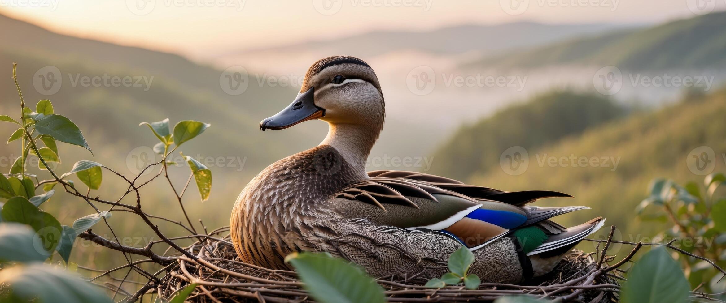 A duck sits in a nest on top of a mountain photo