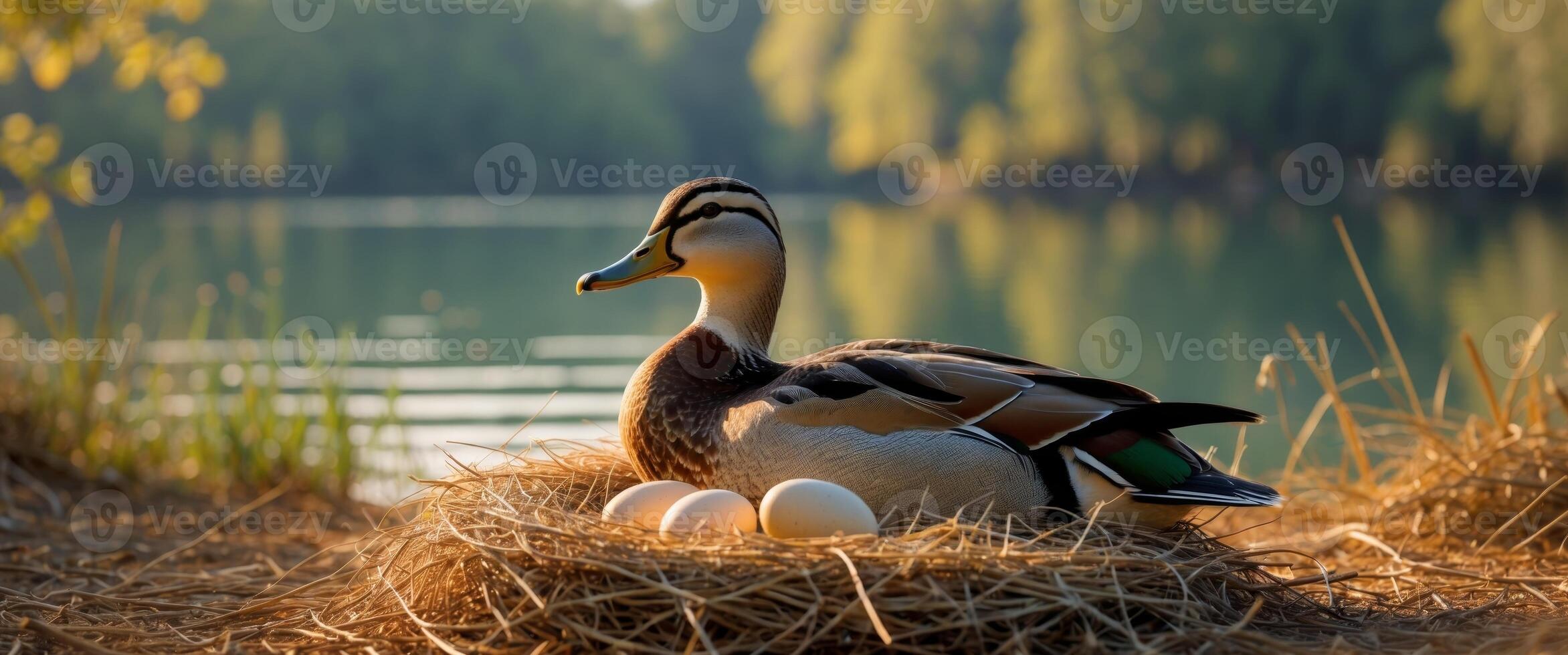 A duck sits on top of a nest with eggs photo