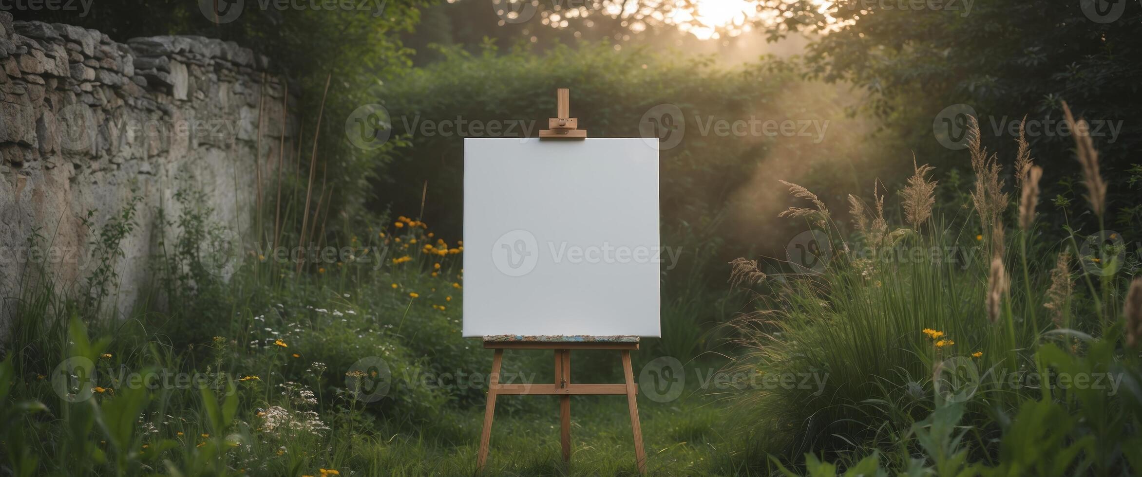 An easel with a blank canvas in the middle of a field photo