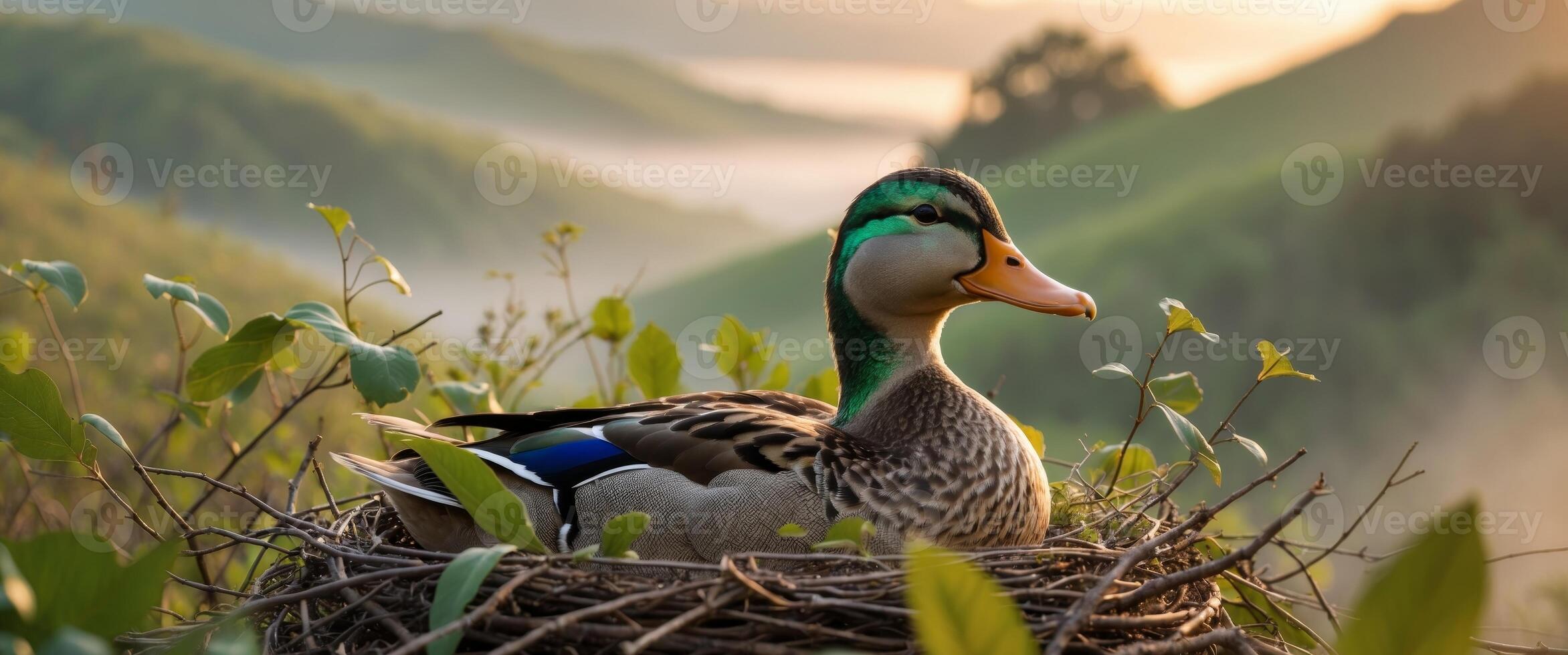 A duck sits in a nest on a hillside photo