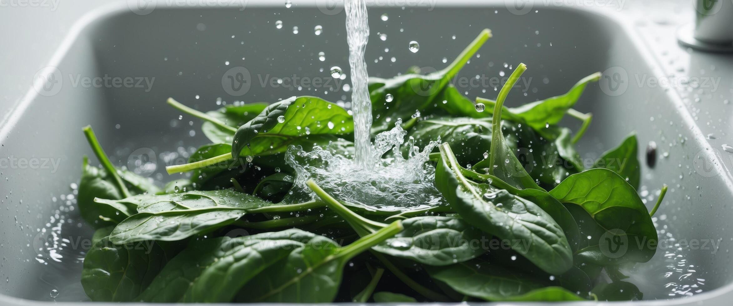 A sink full of spinach being washed with water photo