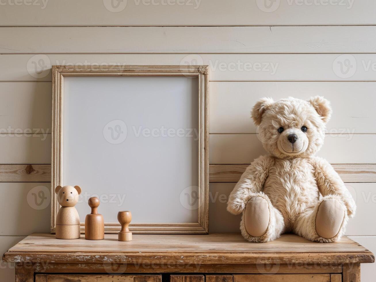 A teddy bear sits next to a wooden table with a blank picture frame photo