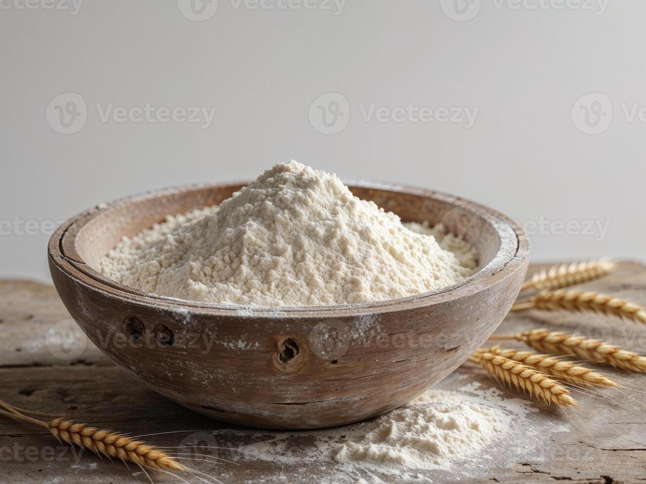 A bowl of flour and wheat on a wooden table photo