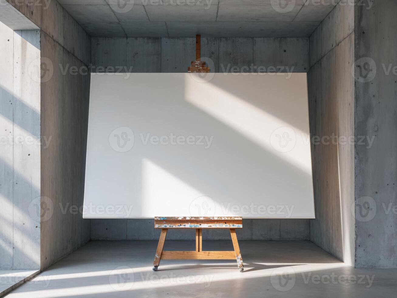 Blank canvas on easel in gray concrete studio photo