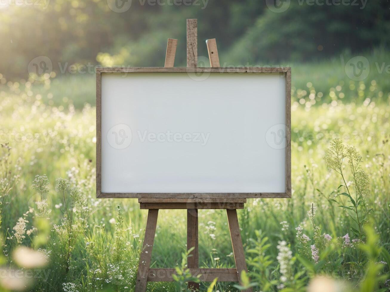 Blank White Sign in Rustic Wooden Frame on Easel in a Lush Green Meadow photo
