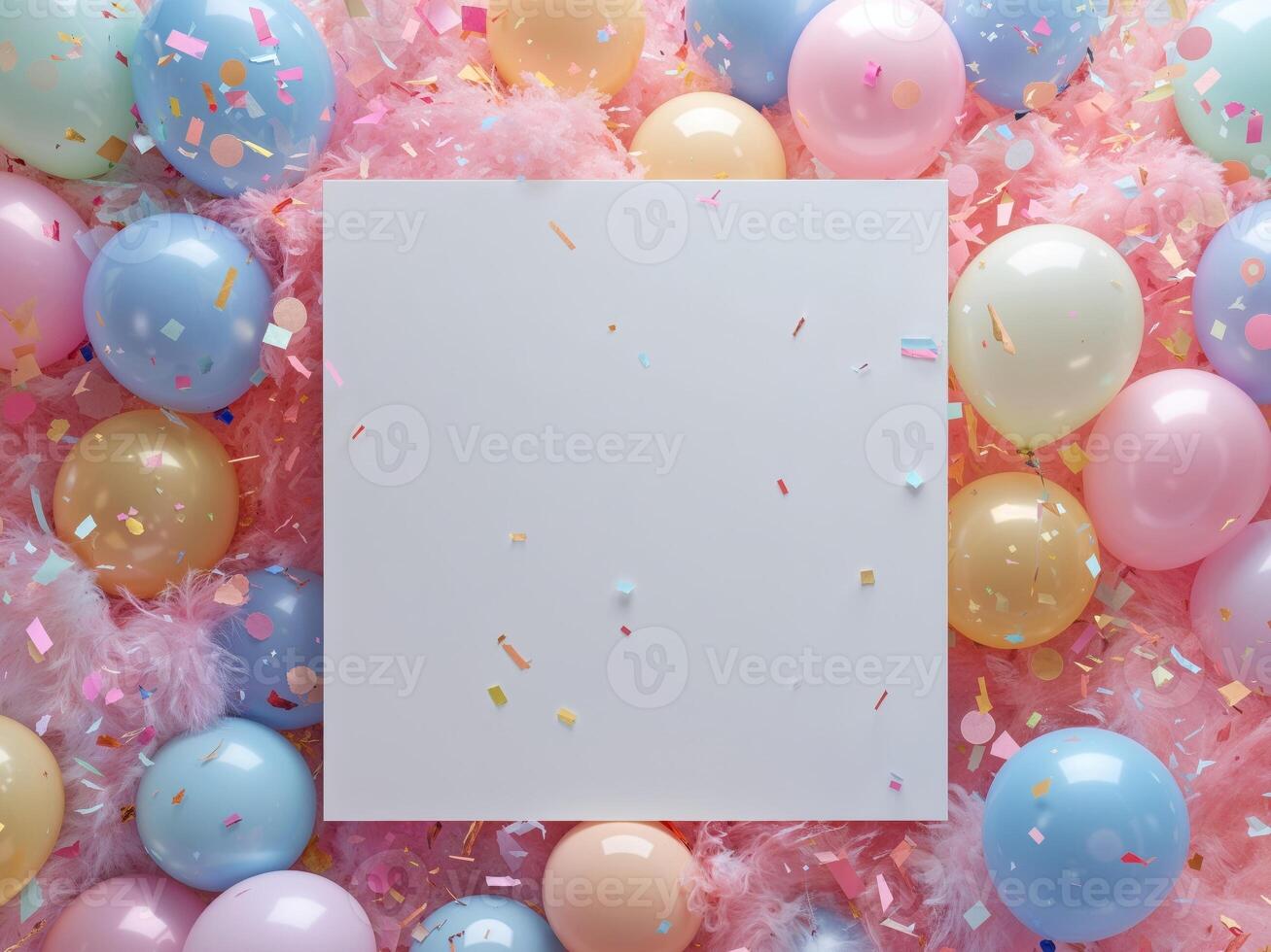 Blank White Square with Colorful Balloons and Confetti Background. photo