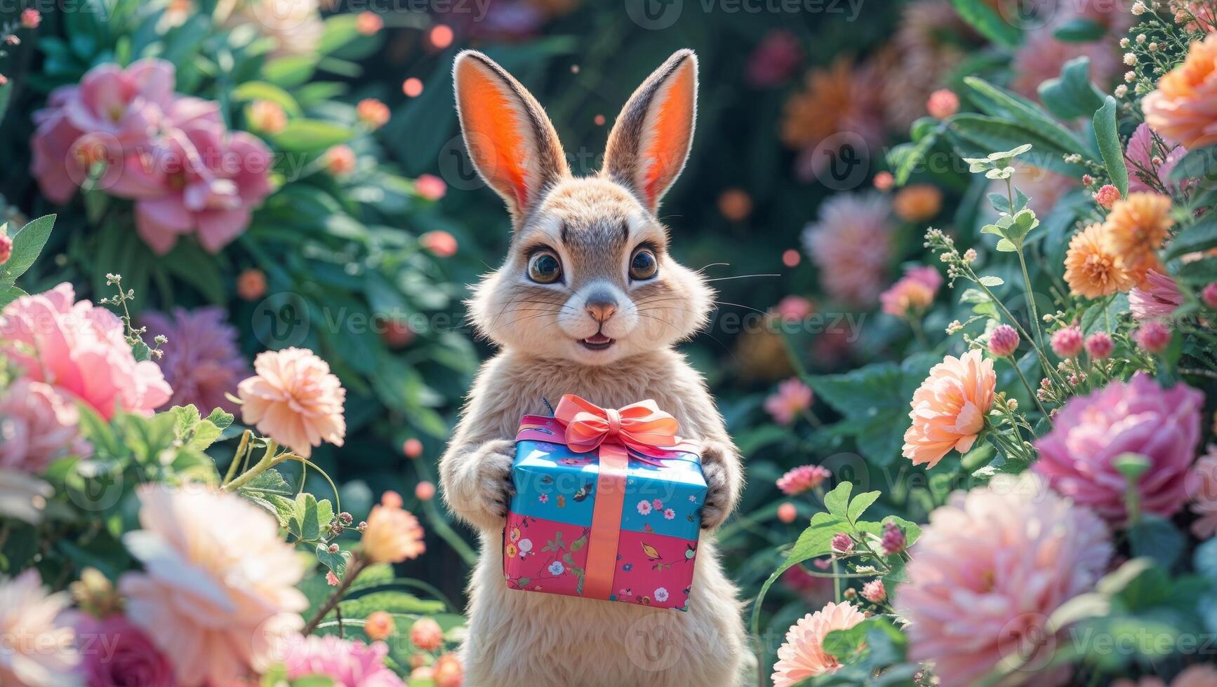 A bunny holding a gift box in a field of flowers photo