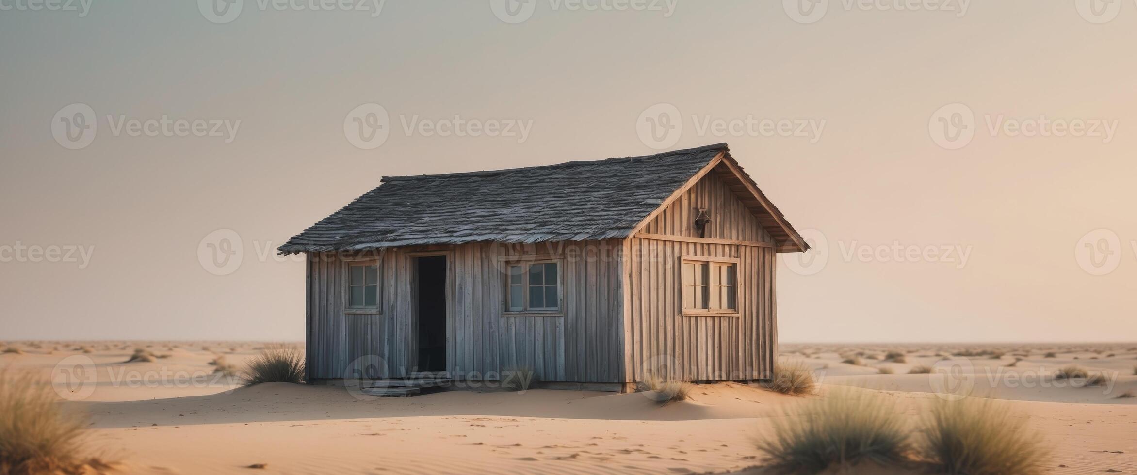 An old wooden house in the middle of the desert photo