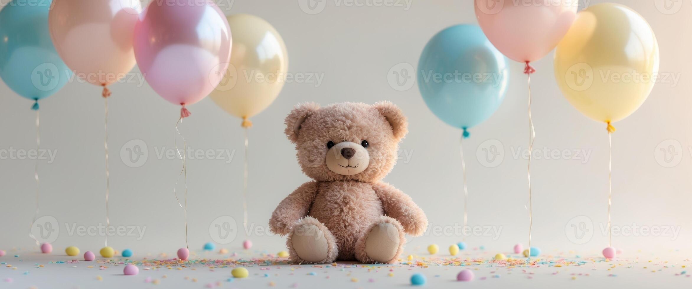 A teddy bear is surrounded by balloons photo