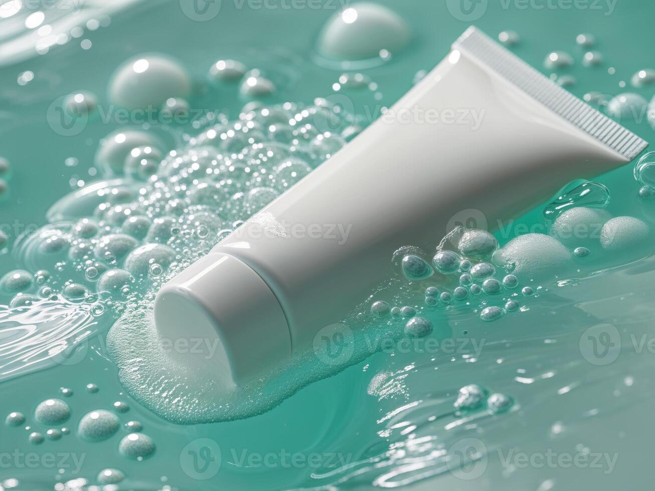 A tube of toothpaste floating in a pool of bubbles photo