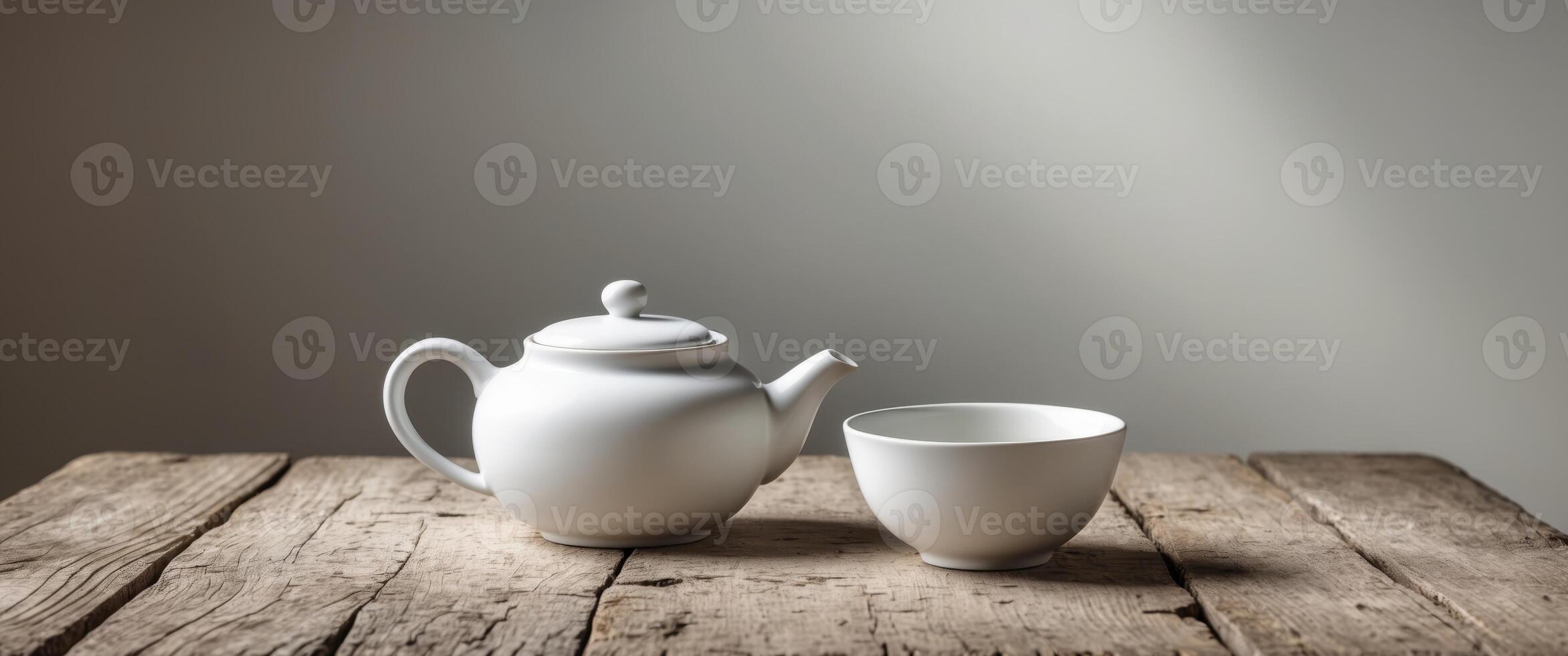 A white teapot and cup on a wooden table photo