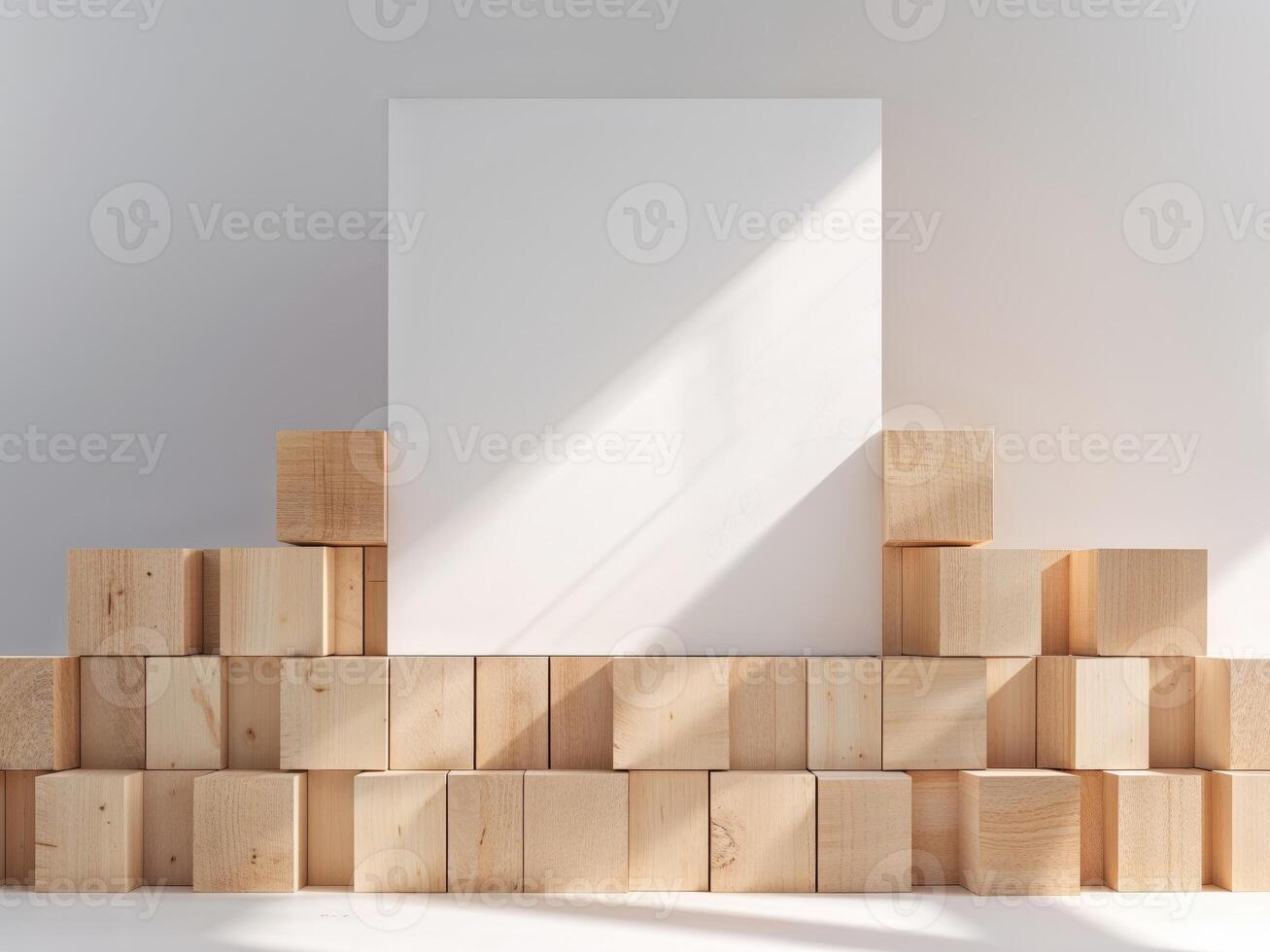A white square in front of a pile of wooden blocks photo