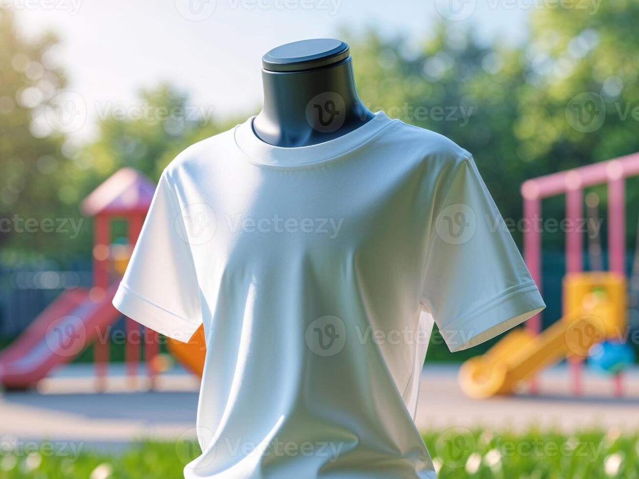 White t - shirt on mannequin in front of playground photo