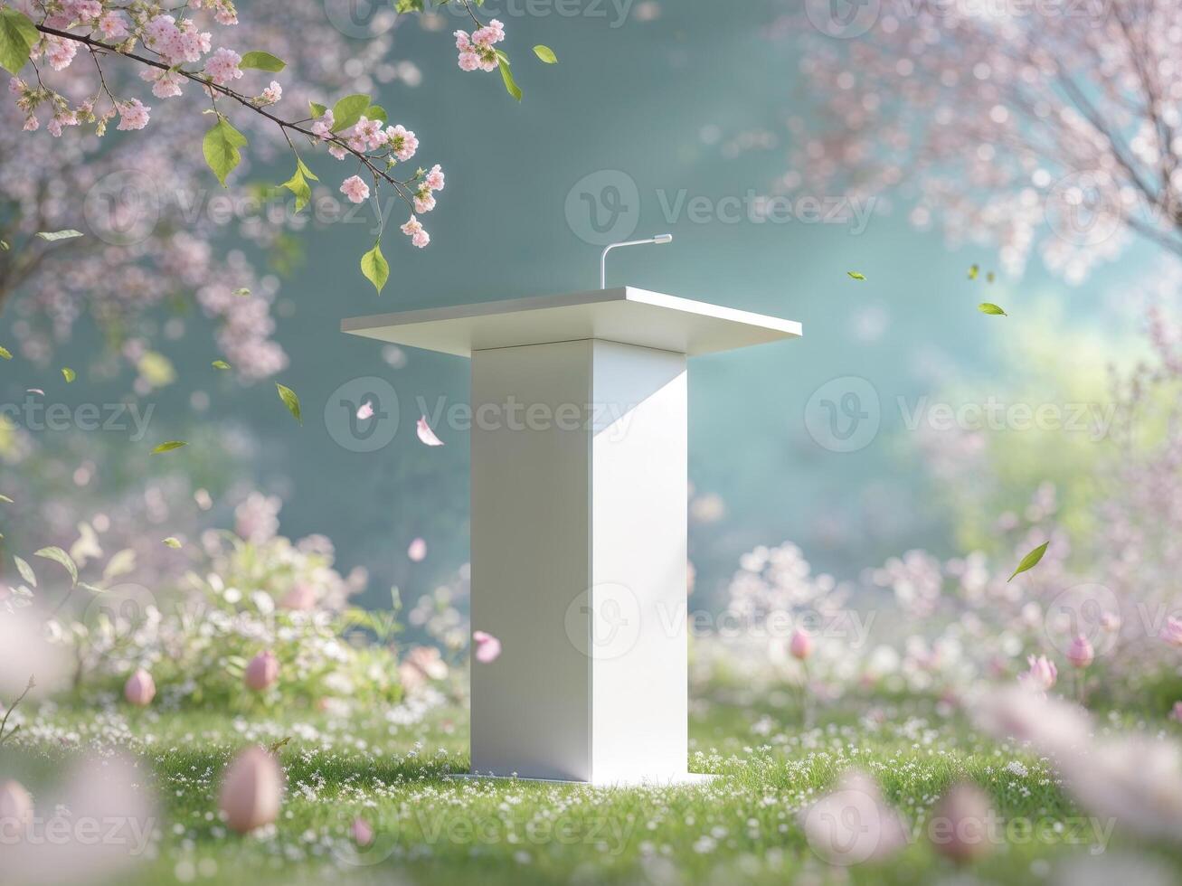 A podium is in the middle of a field with flowers photo