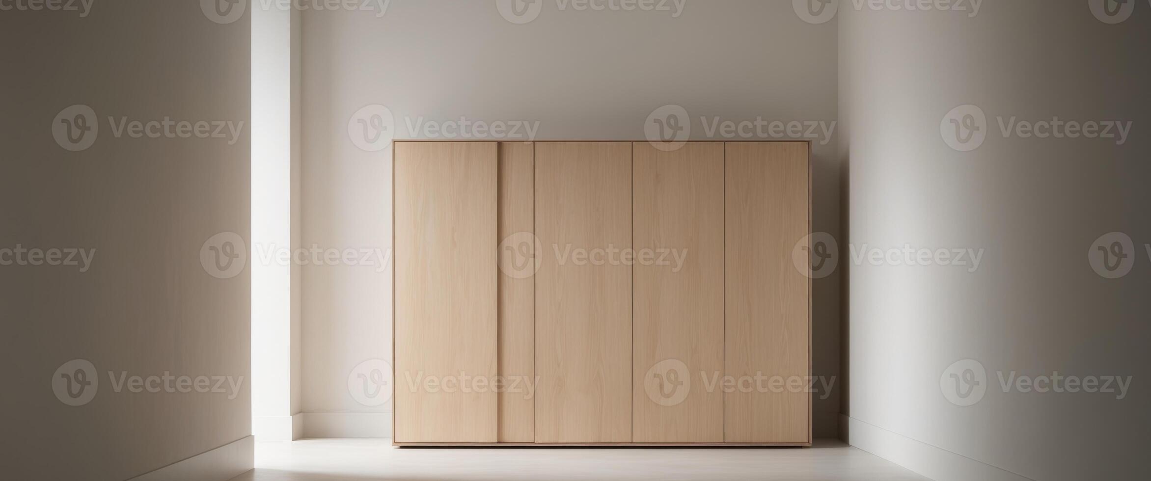 A wooden cabinet in a room with a light photo