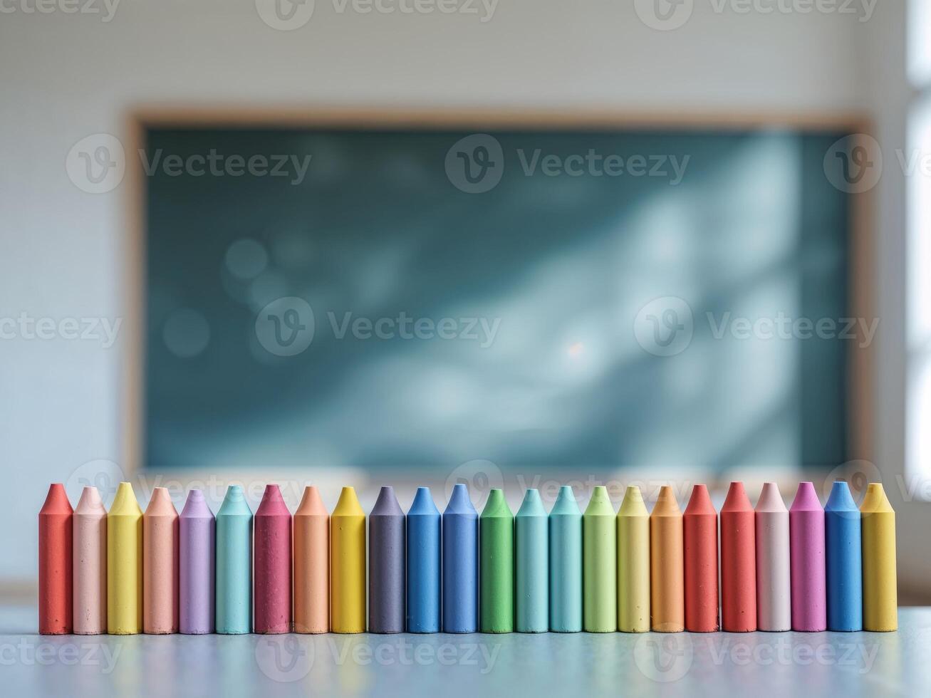 Colorful chalks arranged on blank chalkboard educational setting art supplies classroom viewpoint creativity concept photo