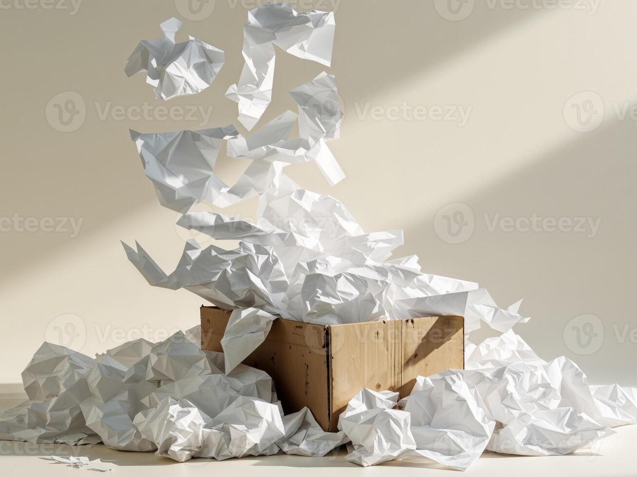 Overflowing crumpled white wrapping paper in cardboard box on beige background. photo
