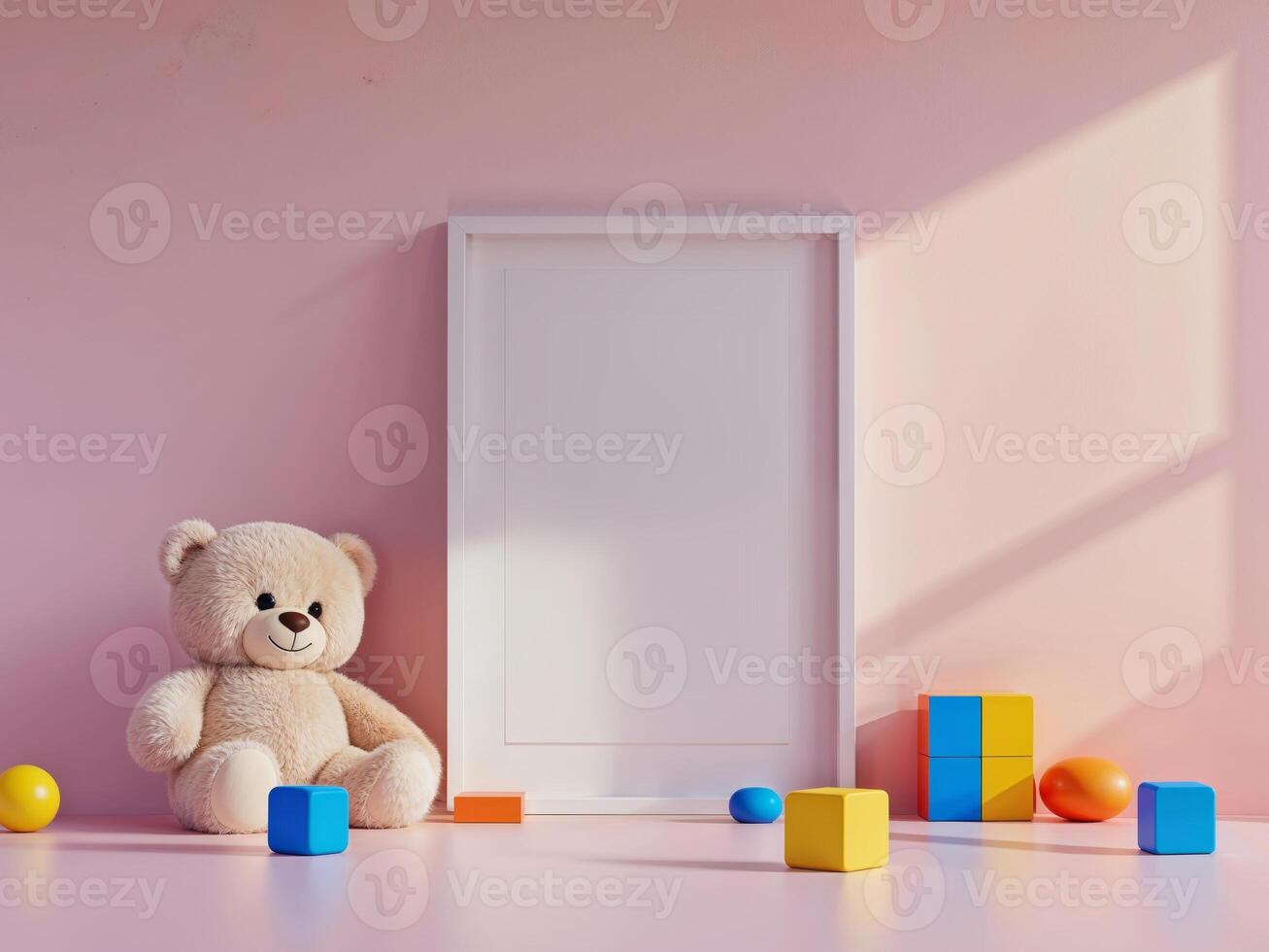 A teddy bear and blocks on a pink wall photo