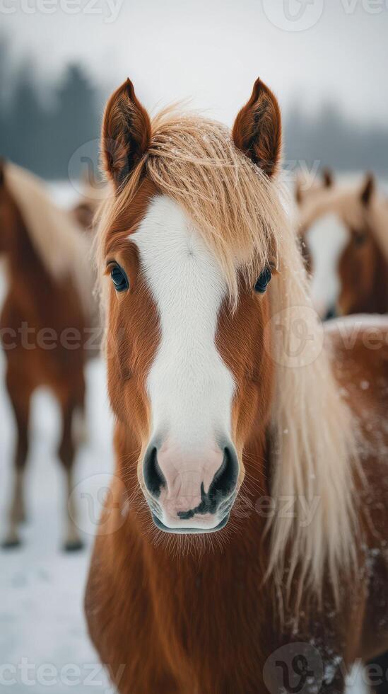 Beautiful chestnut horse with a flowing mane in a winter landscape surrounded by other horses photo