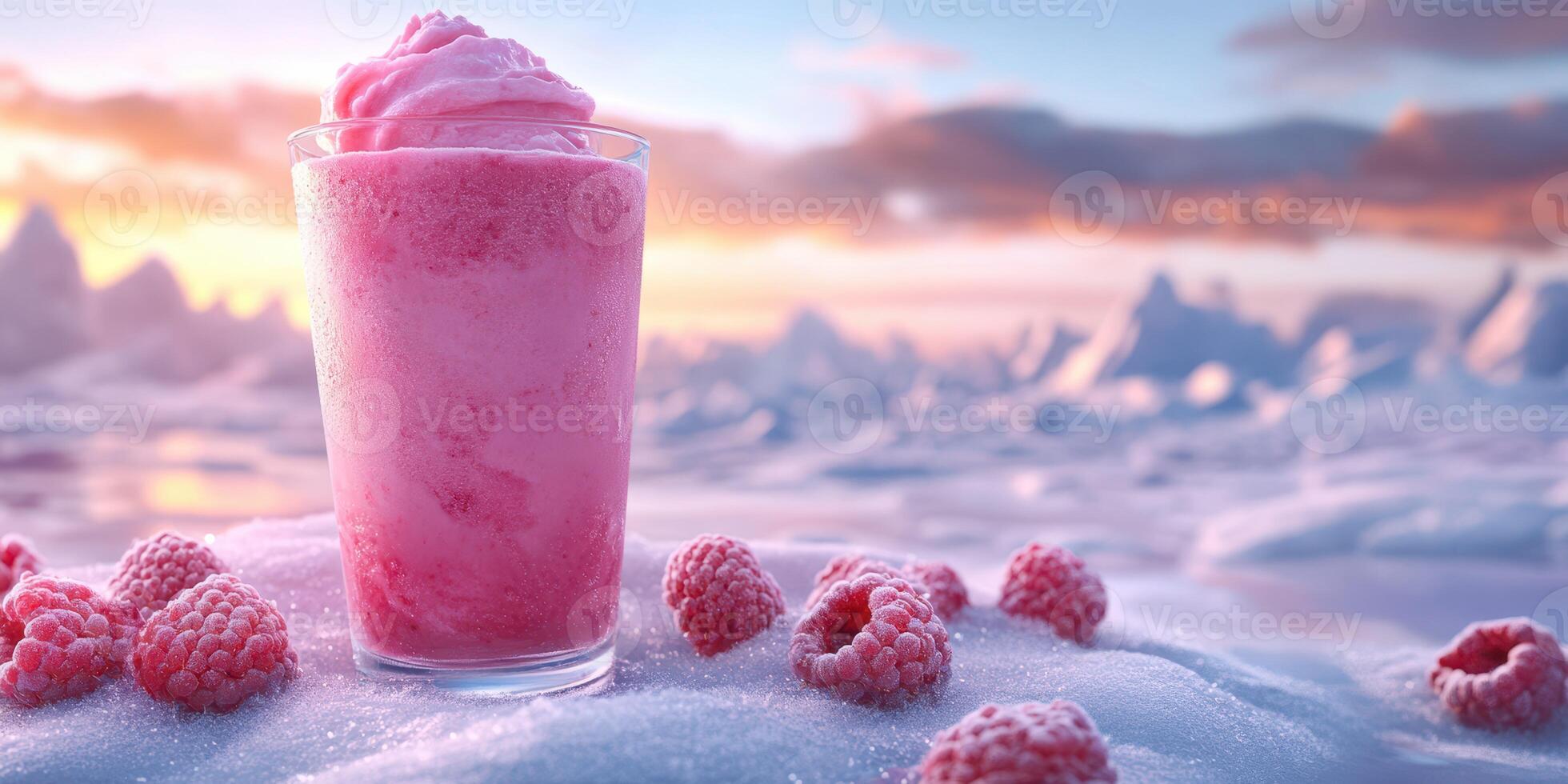 Refreshing raspberry shake on a snowy landscape during sunset with a colorful sky photo