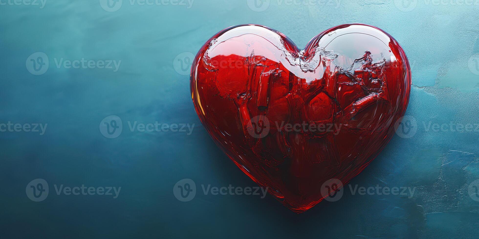 Large red heart-shaped object resting on a blue surface exhibits a shiny and smooth texture, creating a striking visual contrast photo