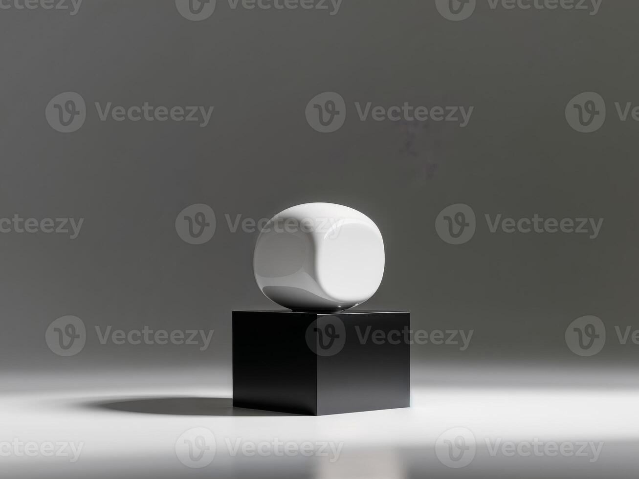 A white sphere sitting on a black block photo