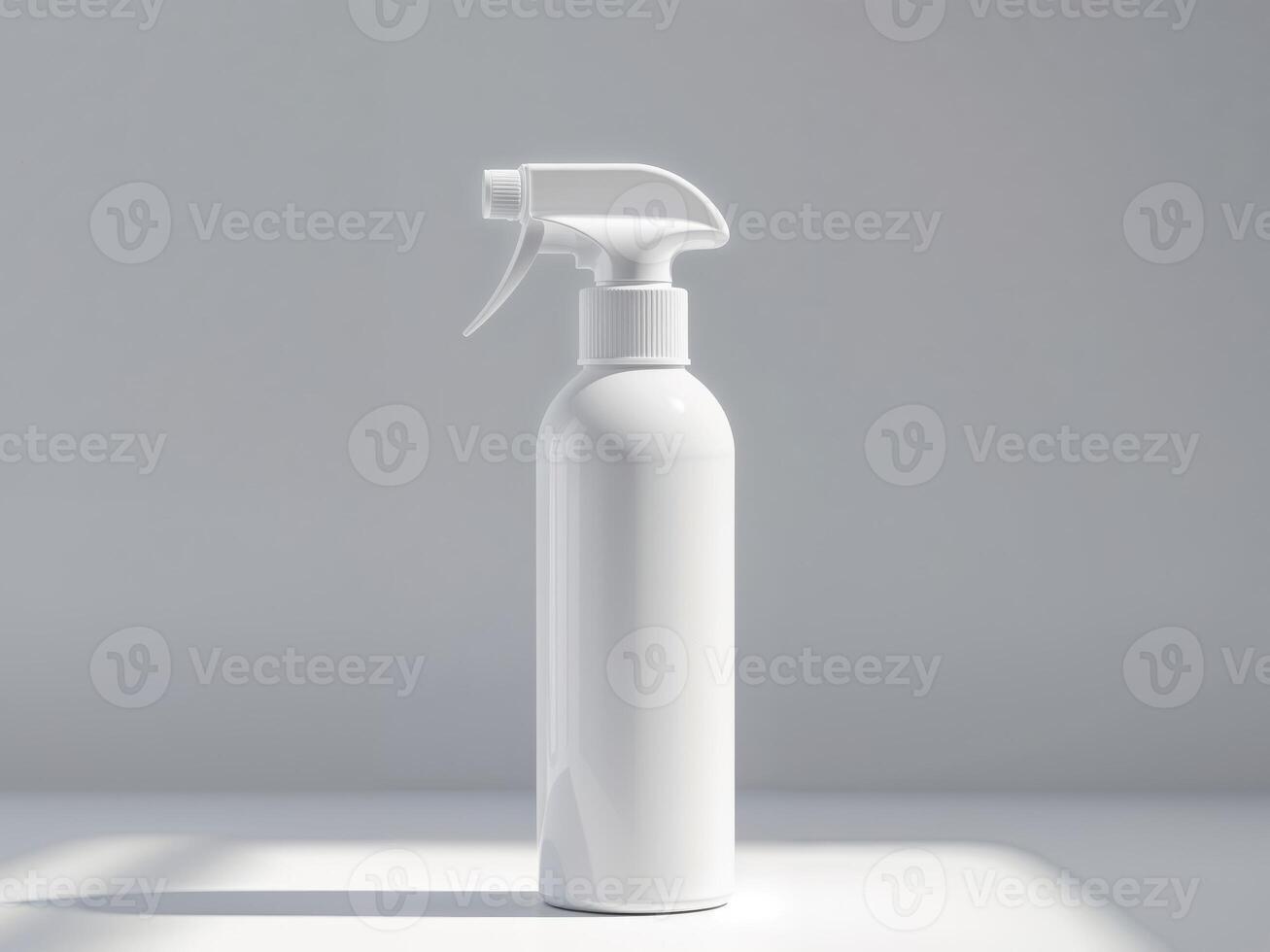 A white spray bottle on a table with a window photo