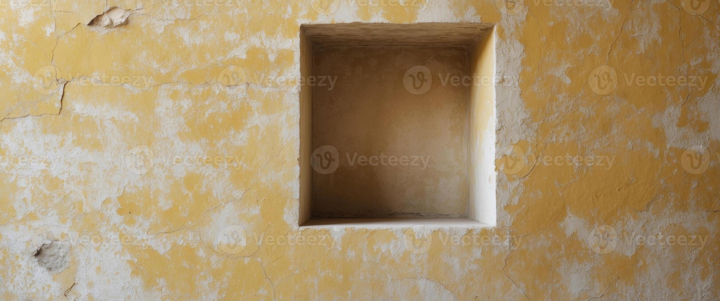 Weathered yellow plaster wall with cracked texture and recessed niche photo