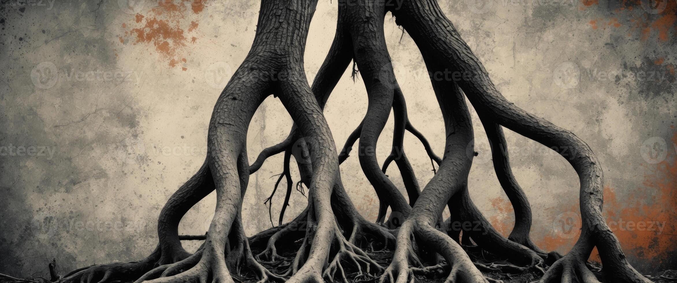 Intricate tree roots exposed above ground displaying unique halftone texture and grunge background photo