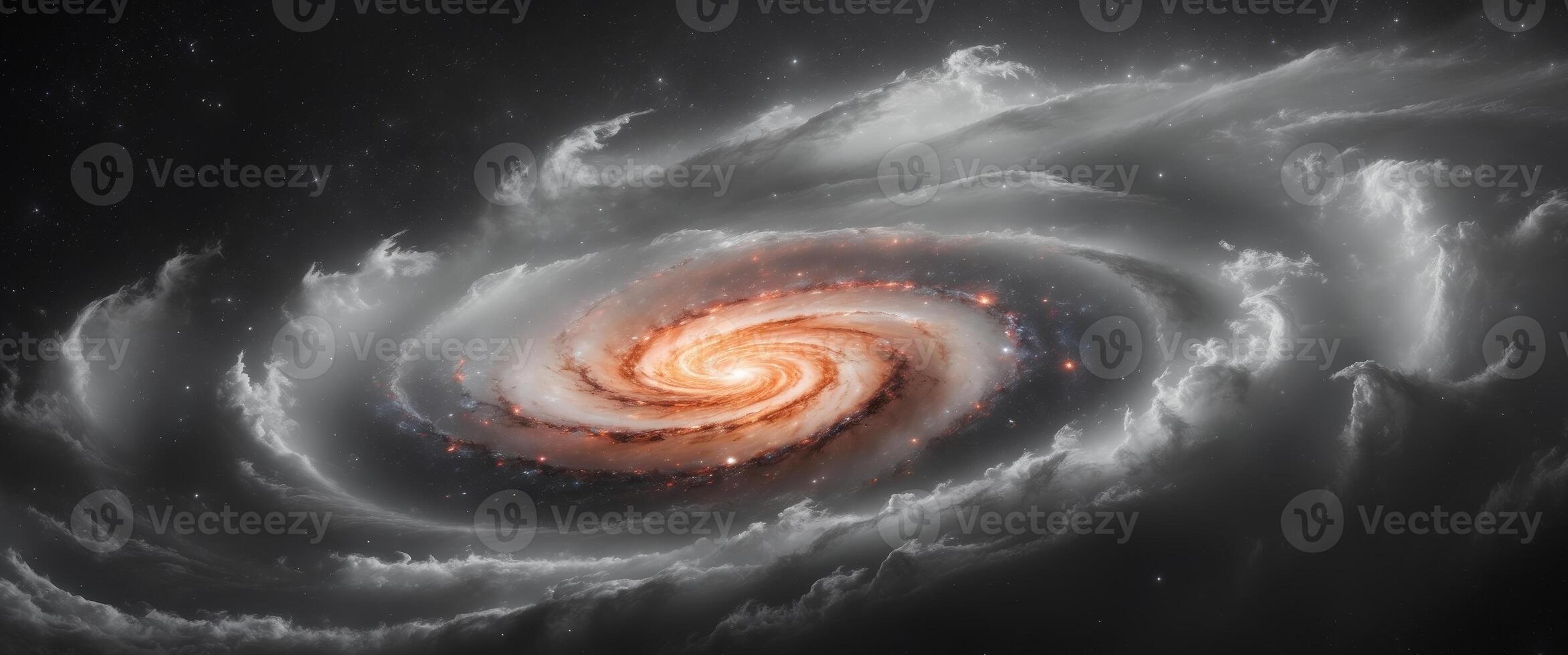 Stunning Cosmic Swirl with Celestial Bodies and Fiery Center of a Galaxy at Dusk photo