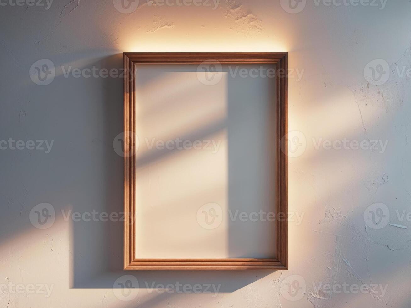 Wooden Picture Frame Mockup on Textured White Wall Cozy Ambient Light photo