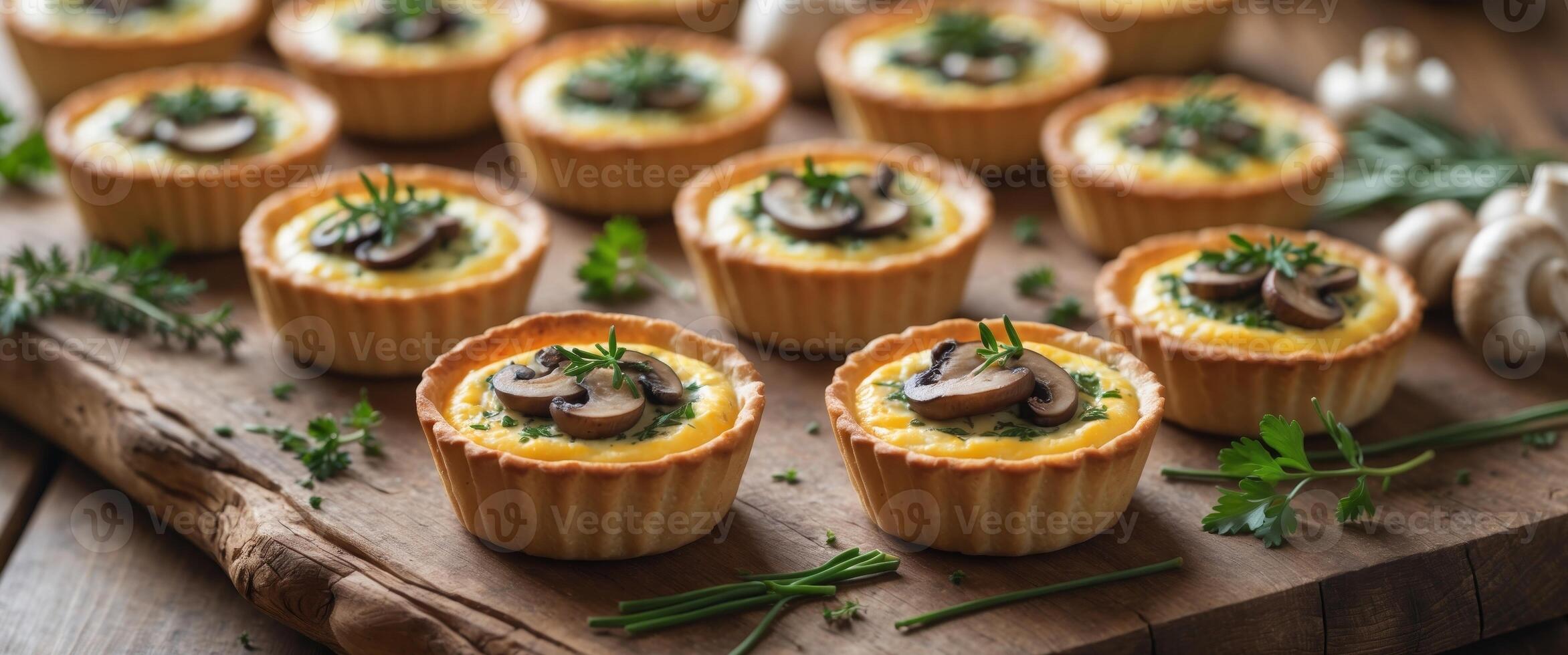Mini chicken and mushroom quiches on a rustic wooden board with fresh herbs photo