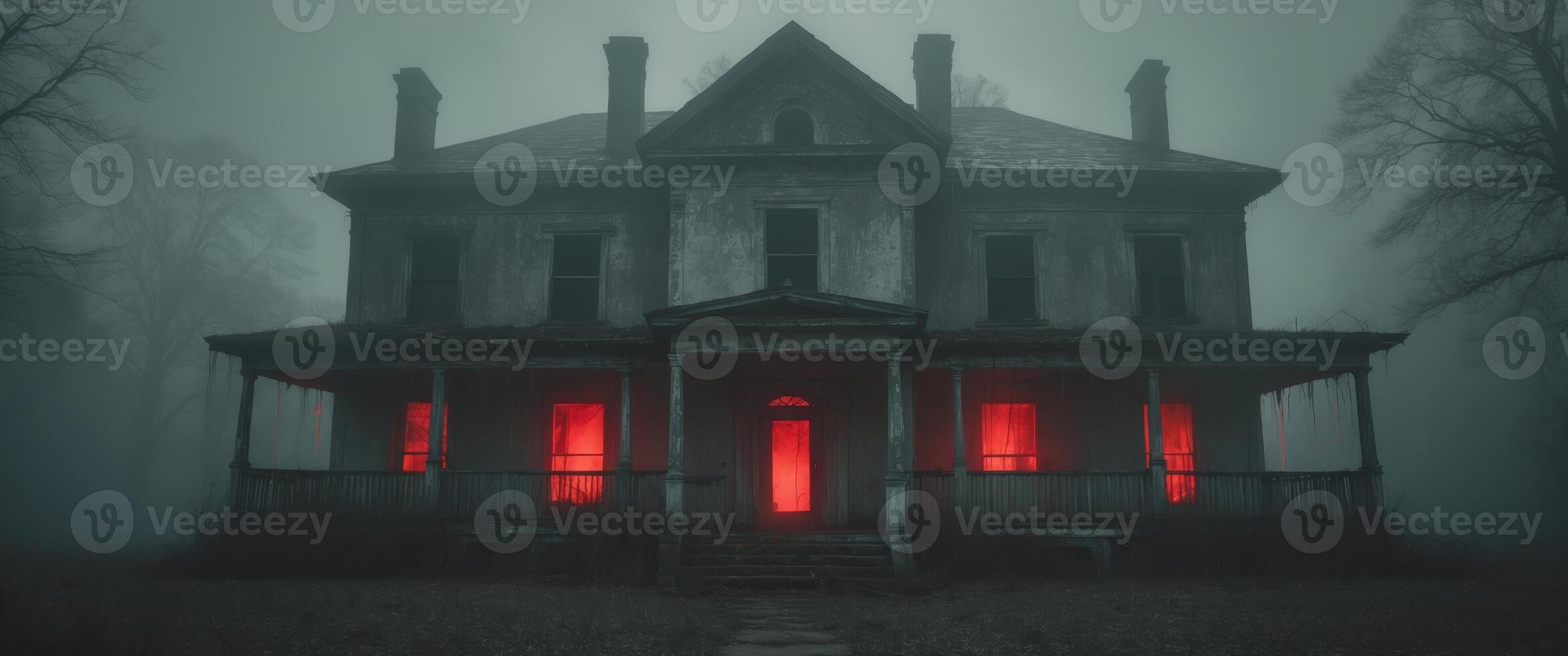 A creepy old house with red lights on the windows photo