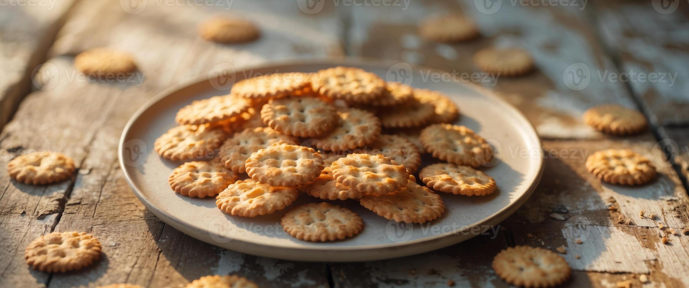 A plate of crackers on a wooden table photo