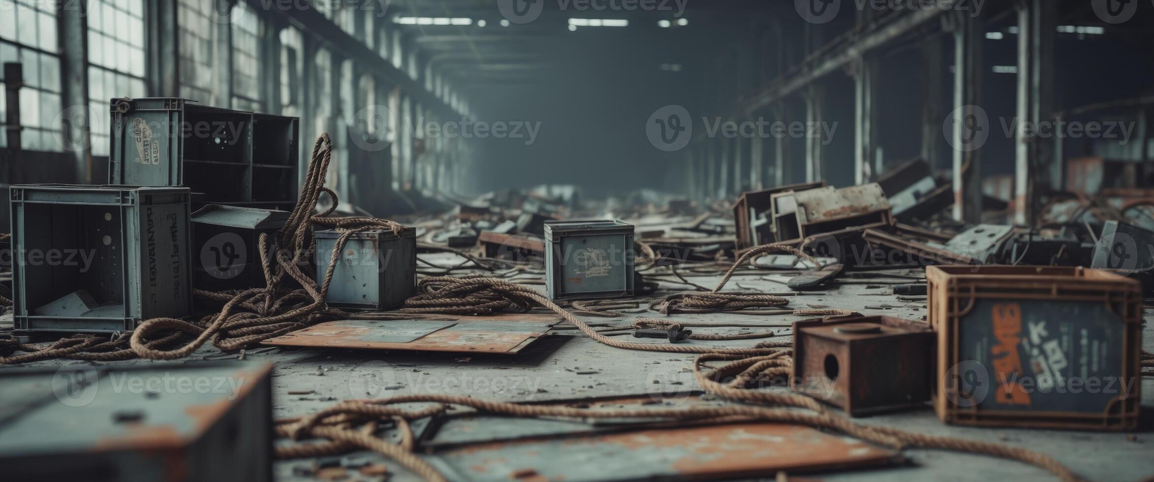 An abandoned factory with old electronics and wires photo