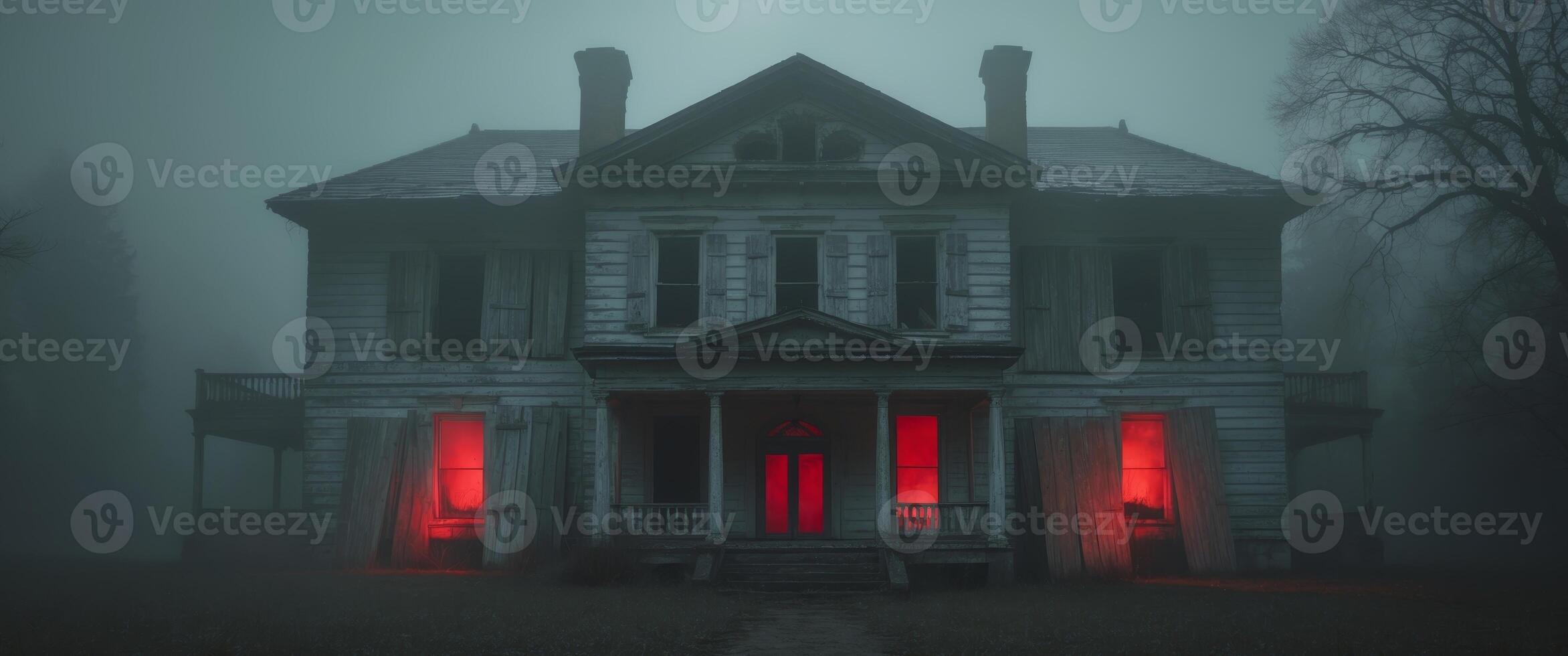 A creepy old house with red lights on the windows photo