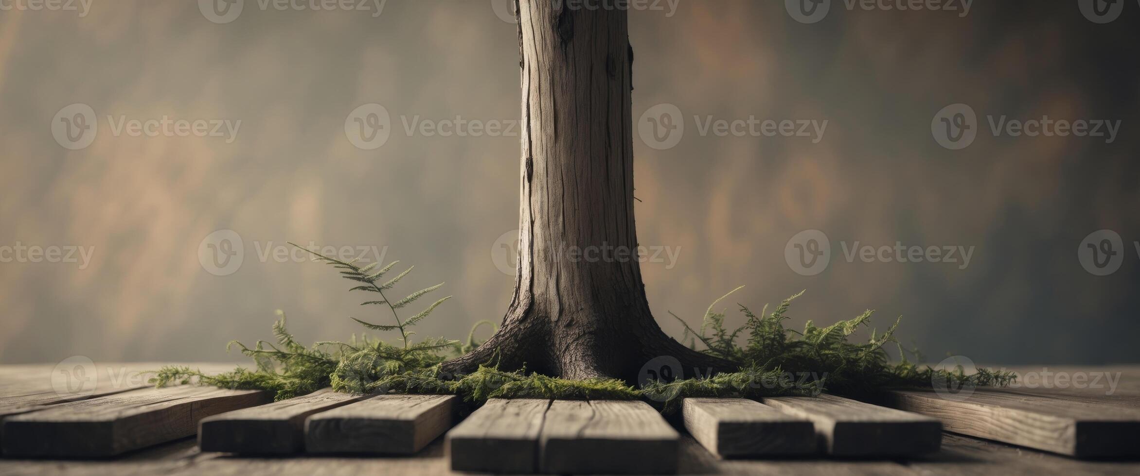 A tree growing out of a wooden plank photo