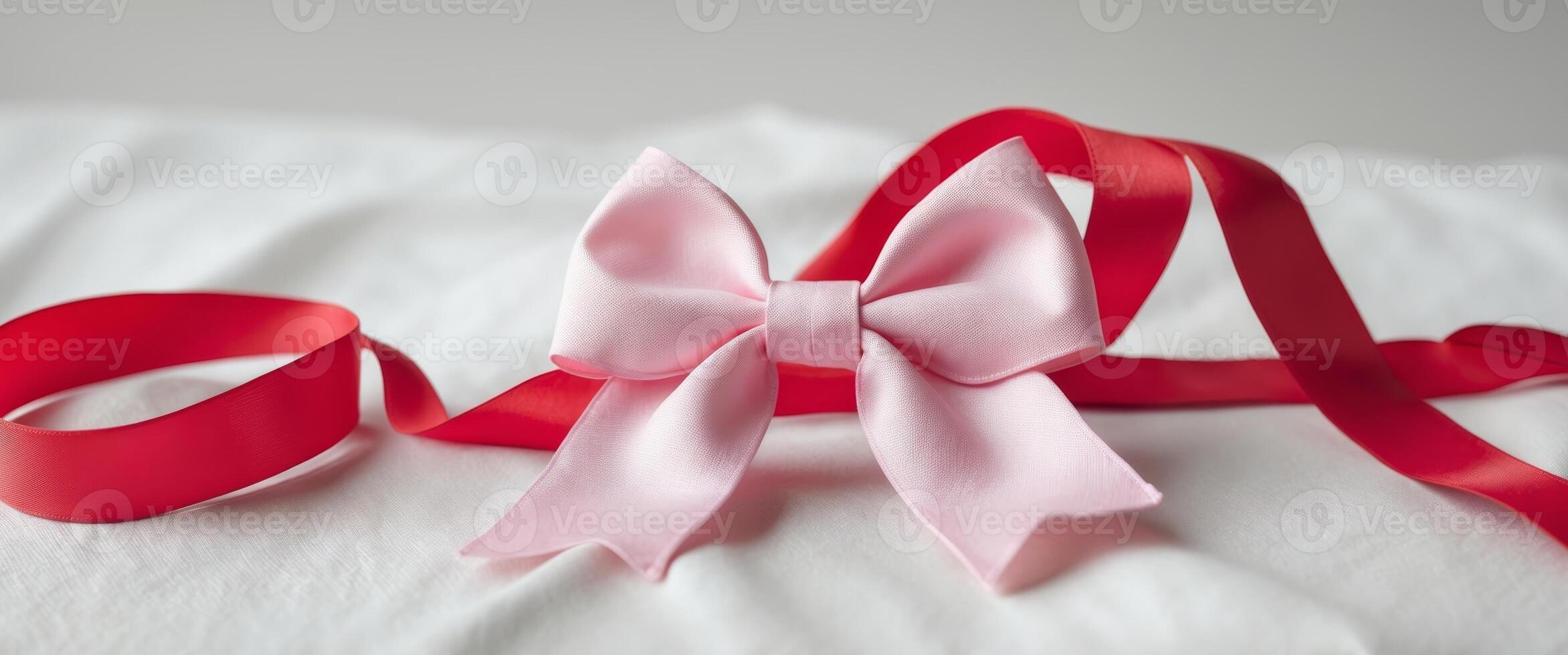 A pink bow on a red ribbon photo