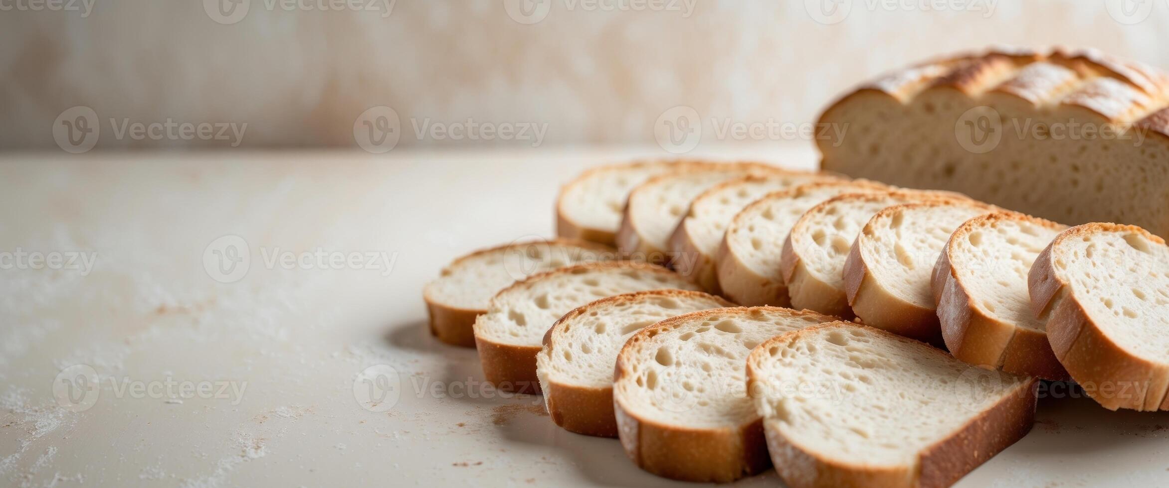 A loaf of bread is cut into slices photo