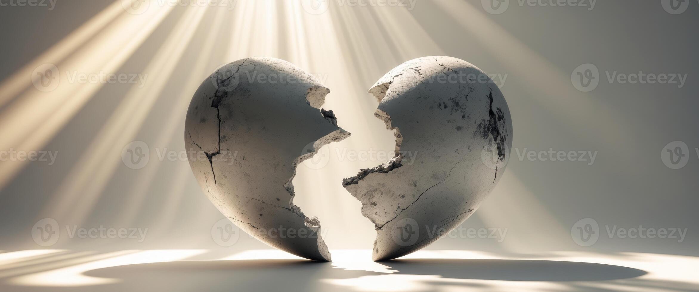Broken heart concept with rays of light on white background photo